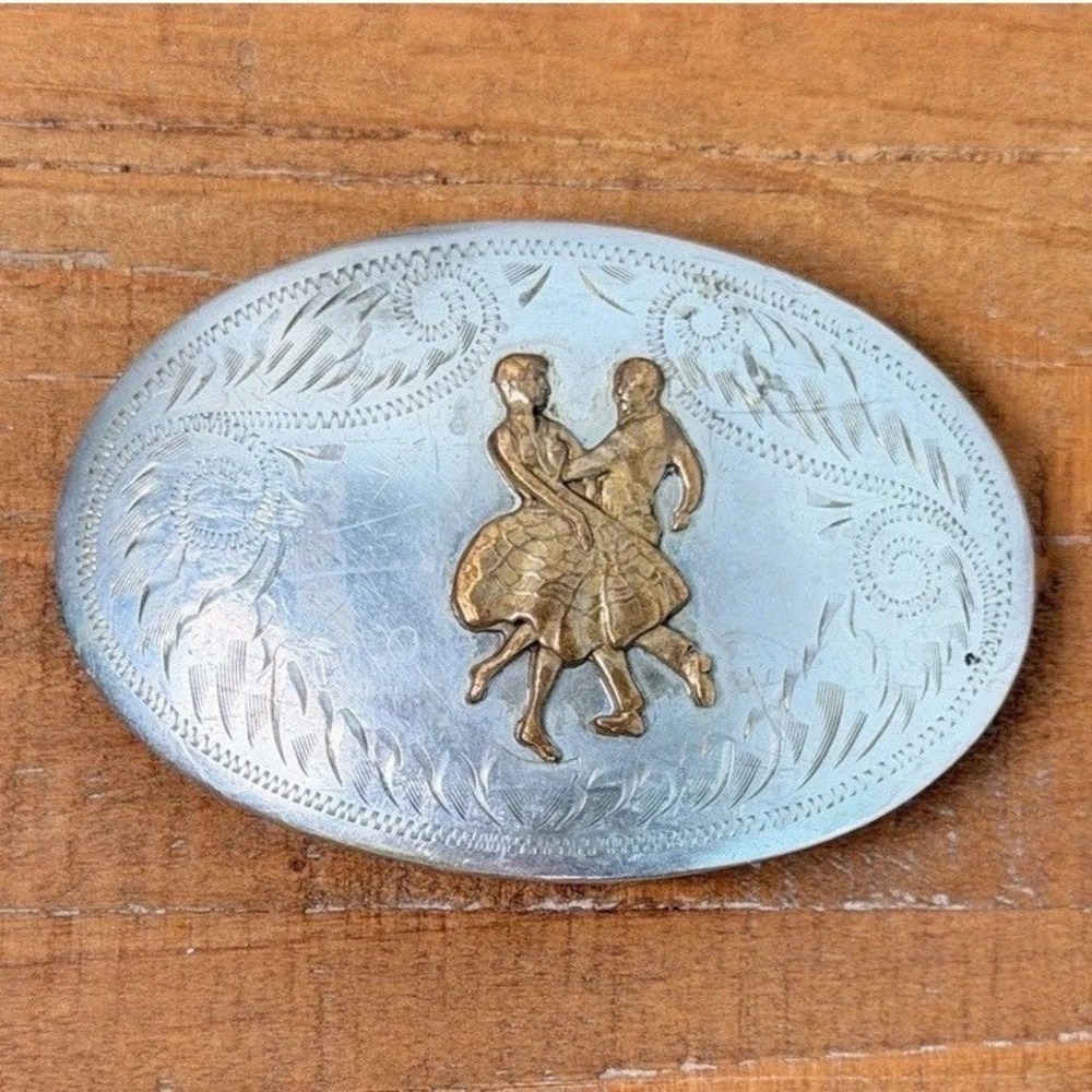 VTG COMSTOCK SILVERSMITHS Swing & Square Dancing Hand Made & Engvd Belt Buckle